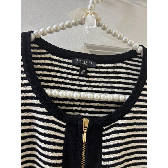 TALBOTS Cardigan Sweater Full Zip Pockets Black Cream Solid Striped 2XL - Picture 3 of 9